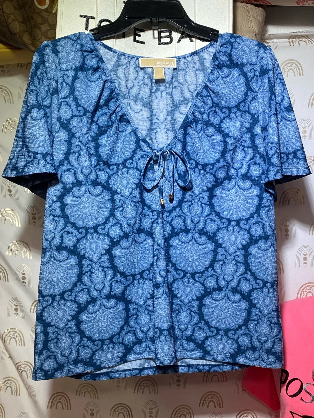 Michael Kors Navy and Light Blue Paisley Tie-Front Short Sleeve Top
